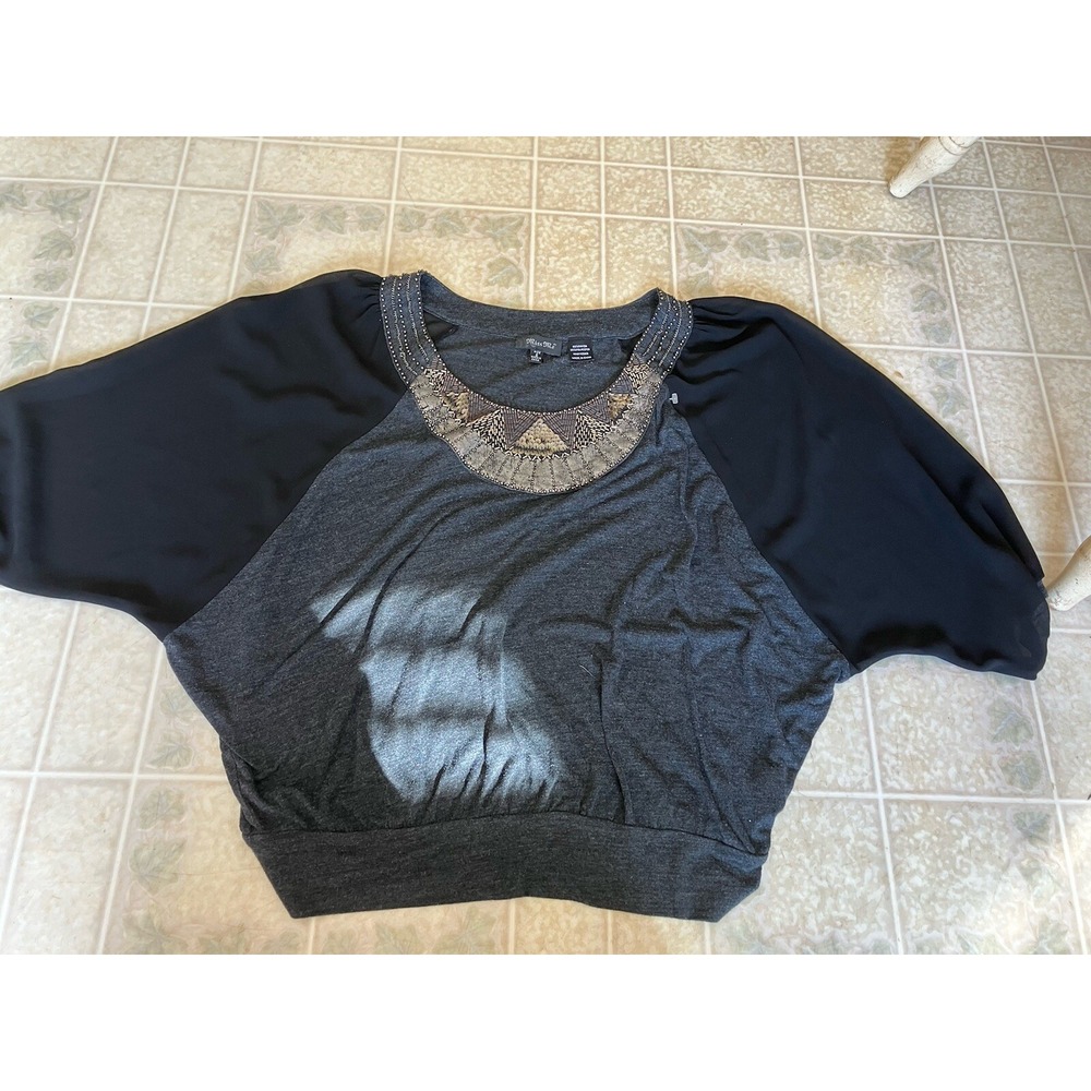 Miss Me 3/4 Chiffon Sleeve Black Sequin Pullover Top Blouse Size Small